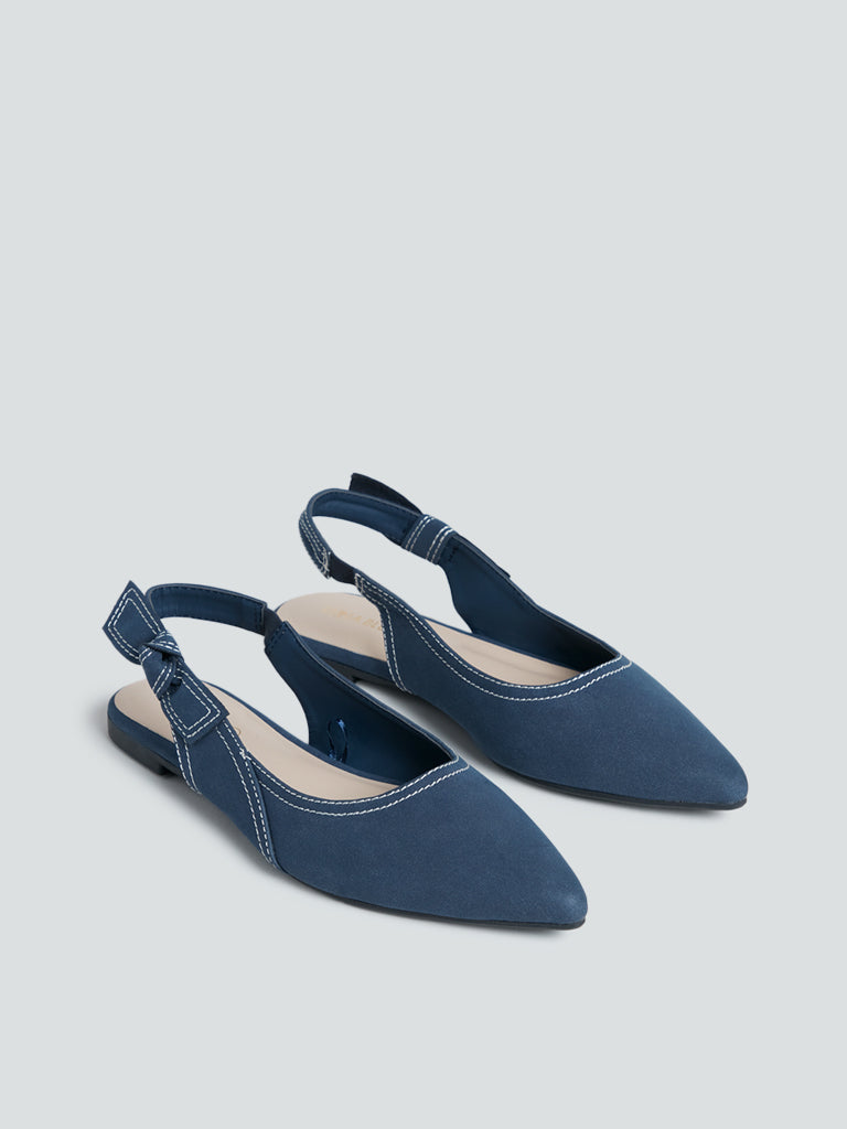 LUNA BLU Navy Bow-Detailed Slingback Flats